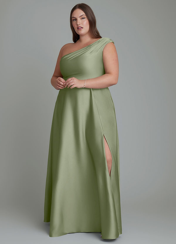 Azazie Melanie Bruidsmeisjesjurken Jurk van Stretch Satijn met A-lijn Off-shoulder Pistache image1
