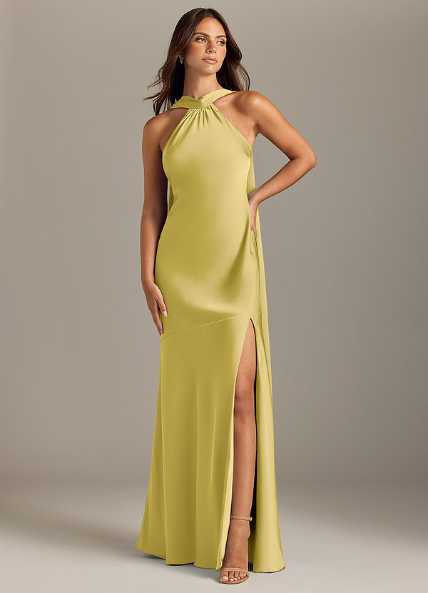 Azazie Kinsley Vestidos de Dama de Honor Vestido Canário de Cetim elástico de sereia com Racha Lateral image1