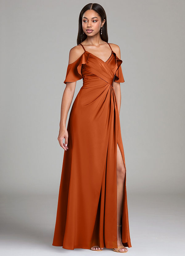 Azazie Dakota Bridesmaid Dresses Burnt Orange A-Line Off the Shoulder Stretch Satin Dress image1