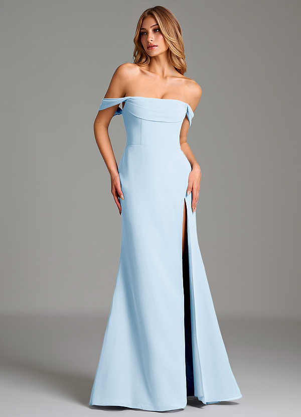 Azazie Riley Robes Demoiselle d'honneur Robe Fourreau Convertible en Mousseline de soie Épaule décolletée Bleu Ciel image1