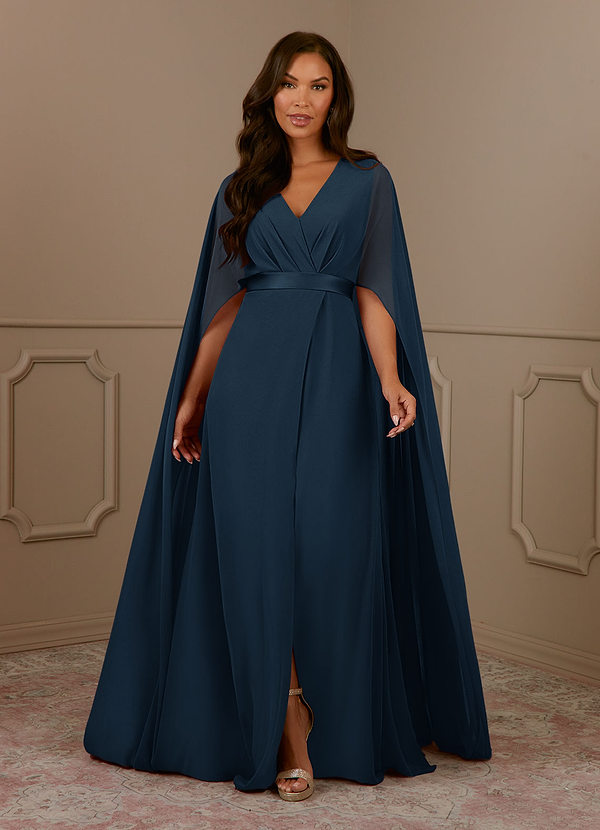 Azazie Isa Vestidos para la madre de la novia Vestido Azul Marino Oscuro de Gasa de Corte en A con Cuello en V plisado image1