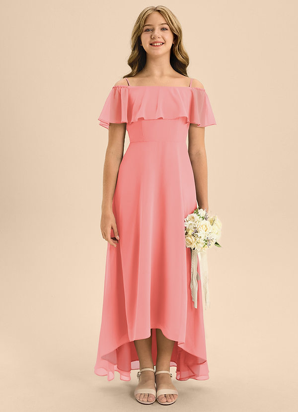 Azazie Maggie Junior Coral A-Line Off the Shoulder Chiffon Dress image1