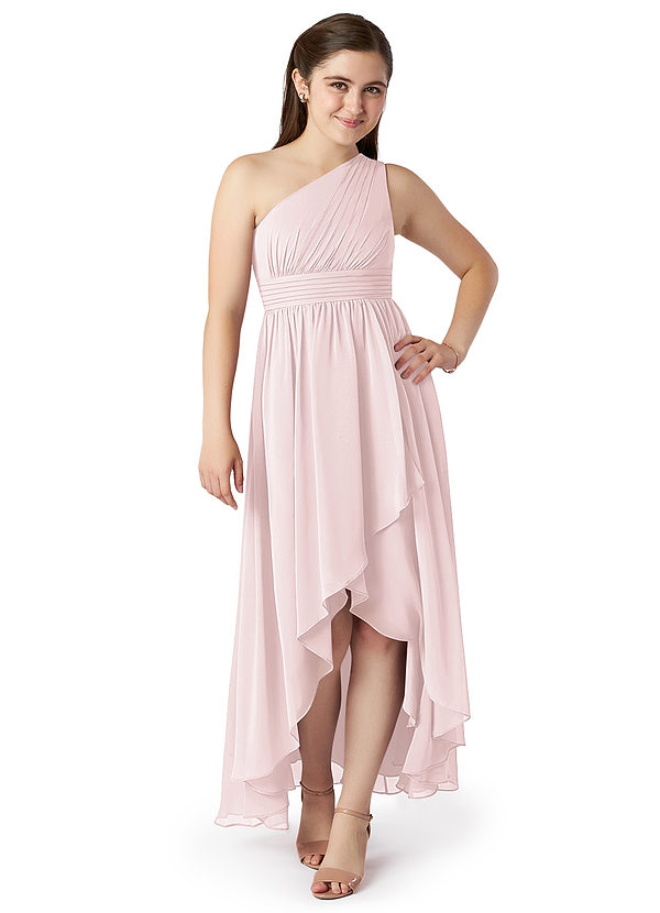 Azazie Mathilda Junior Blushing Pink A-Line Pleated Chiffon Dress image1