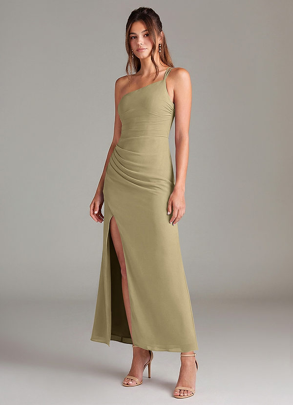 Azazie Eren 신부 들러리 드레스 인어 한쪽 어깨 쉬폰 발목 길이 드레스 image1