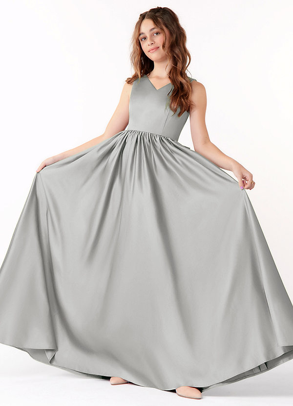 Azazie Hathaway Junior Silver A-Line Bow Stretch Satin Dress image1