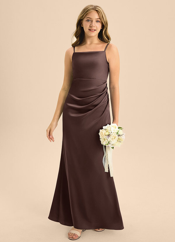 Azazie Renna Junior Ganache A-Line Pleated Stretch Satin Dress image1