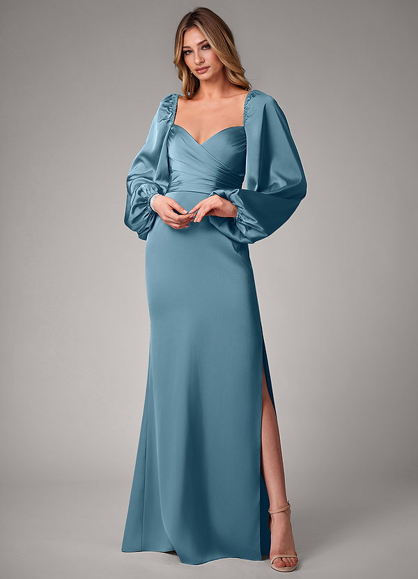 Azazie Sonata Brautjungfernkleider Wandelbar Etui Langarm Stretch-Satin Kleid Bermudablau image1