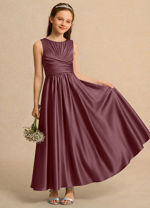 Azazie Ducky Girls Formal Flower Girl Dresses Sangria A-Line Pleated Stretch Satin Dress image1