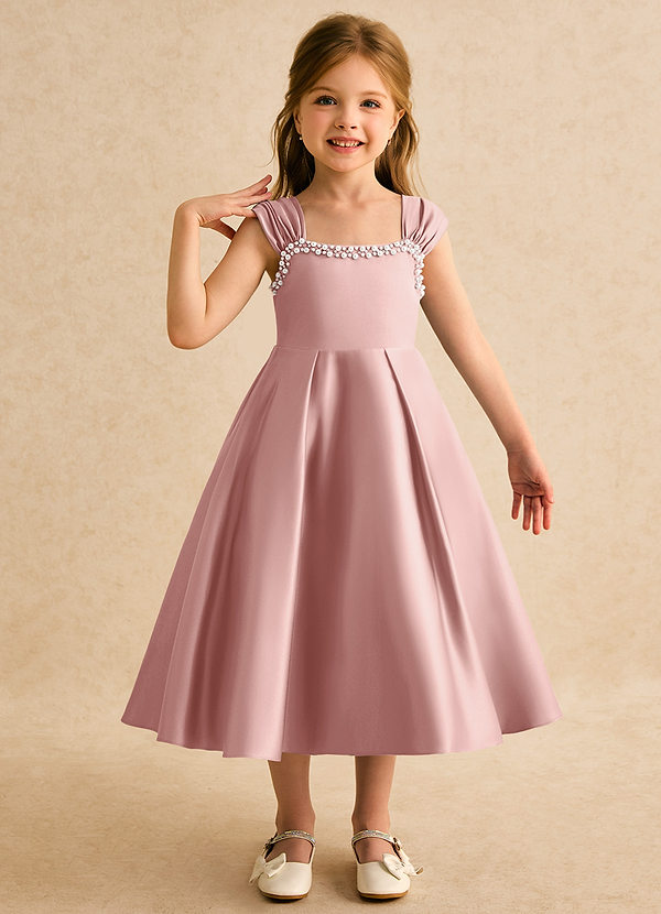 Azazie Yosemite 플라워 걸 드레스 볼가운 스윗하트 네크라인 매트 새틴 티 길이 드레스 image1