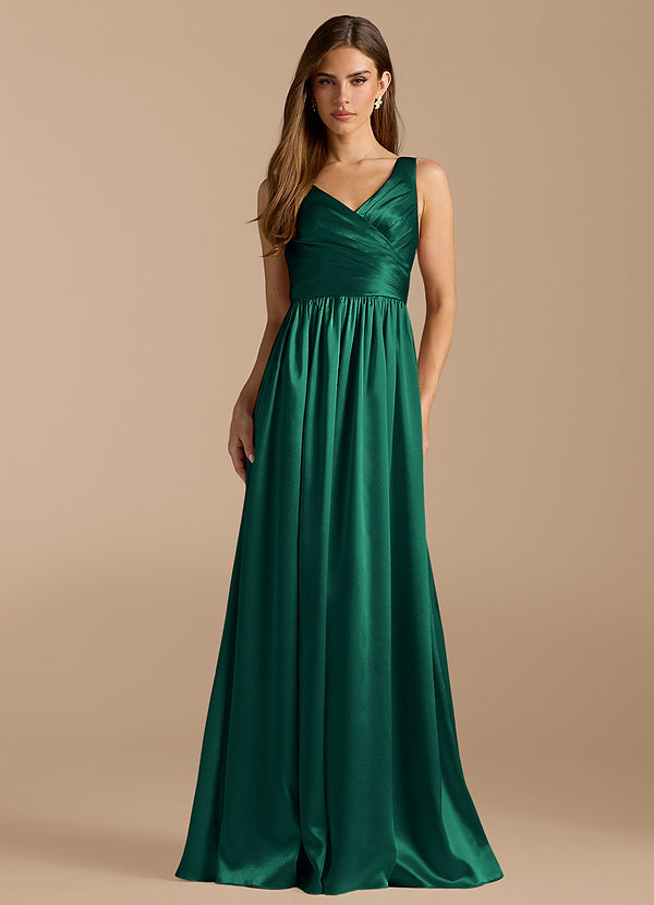 Azazie Keyla Bridesmaid Dresses Emerald A-Line Pleated Metallic Satin Dress image1