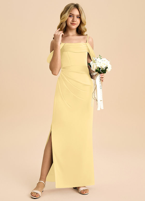 Azazie Saige Junior Butter Sheath Off the Shoulder Stretch Satin Dress image1