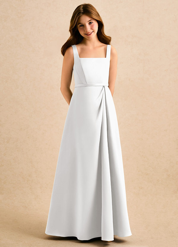 Azazie Emiko Girls Formal Flower Girl Dresses White A-Line Pleated Matte Satin Dress image1