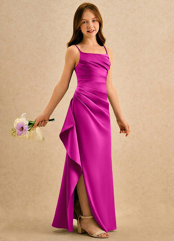 Azazie Cannoli Girls Formal Flower Girl Dresses Fuchsia A-Line Pleated Matte Satin Dress image1