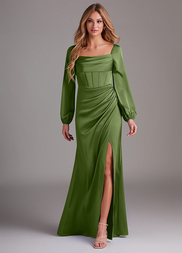 Azazie Charissa Bridesmaid Dresses Juniper Sheath Long Sleeve Stretch Satin Dress image1