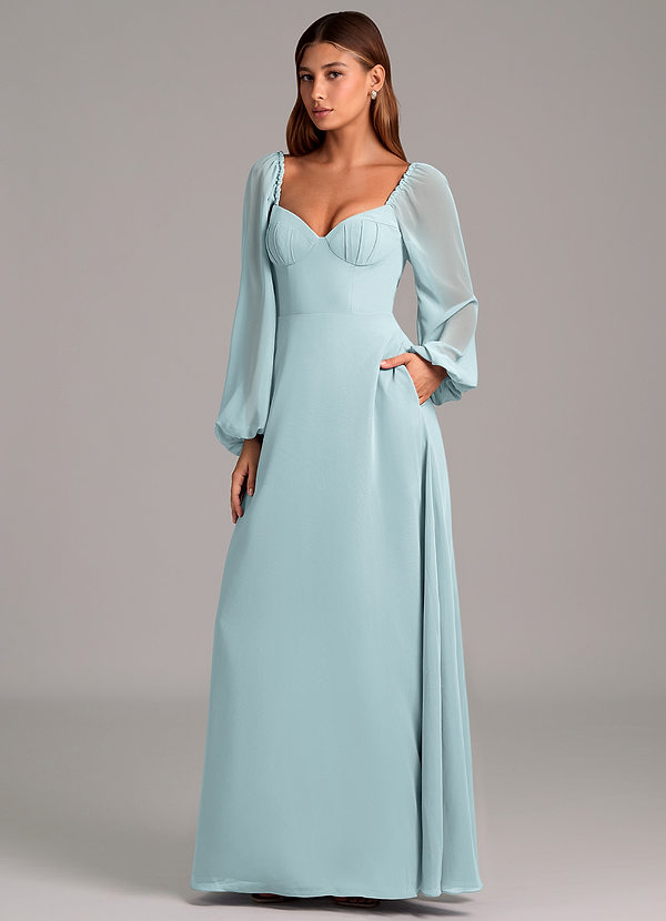 Azazie Annistyn 신부 들러리 드레스 A라인 긴팔 쉬폰 바닥 길이 드레스 image1