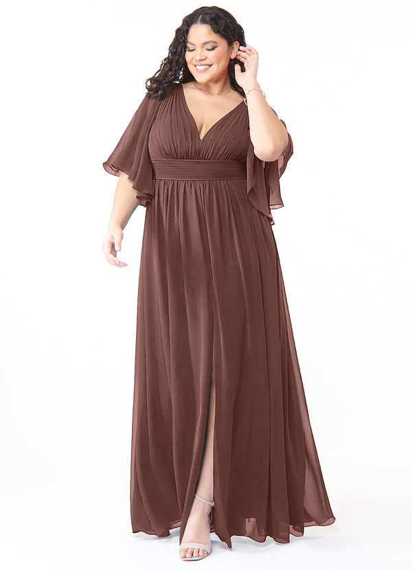 Azazie Temeka Robes de demoiselle d'honneur Robe Trapèze en Mousseline de soie Drapé Expresso image1