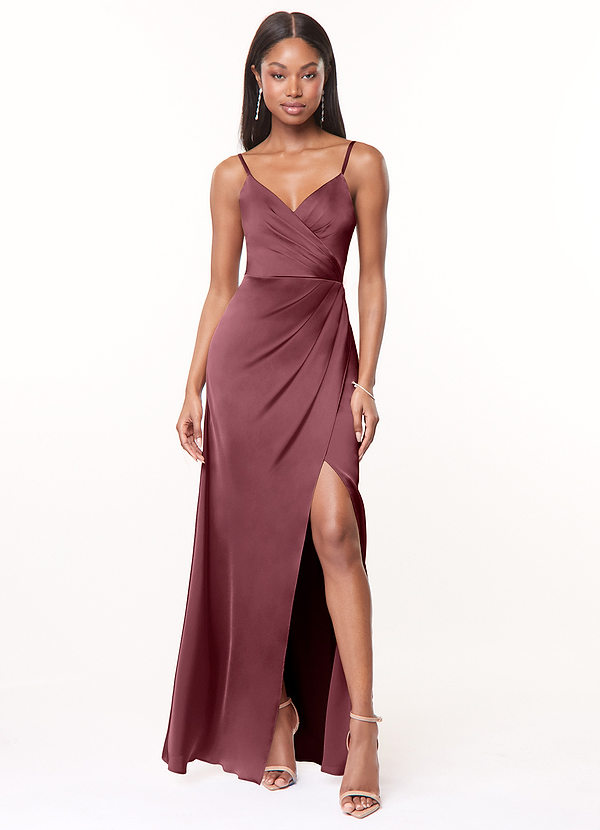Azazie Maci Vestidos de dama de honor Vestido Rosa Del Desierto de Satén Elástico de Línea A con Cuello en V plisado image1