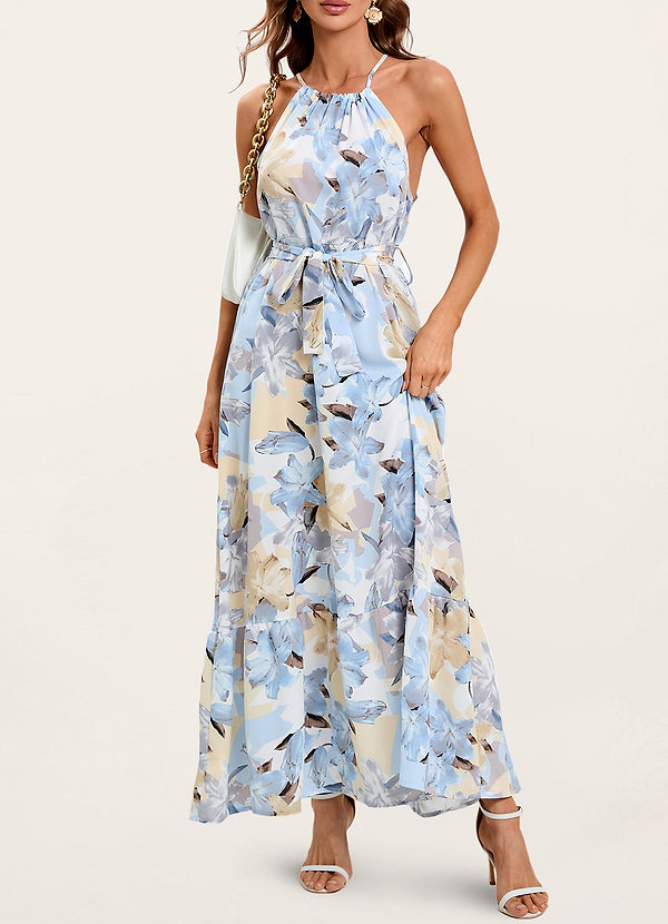 front Life Of Romance Light Blue Floral Print Ruffled Maxi Dress