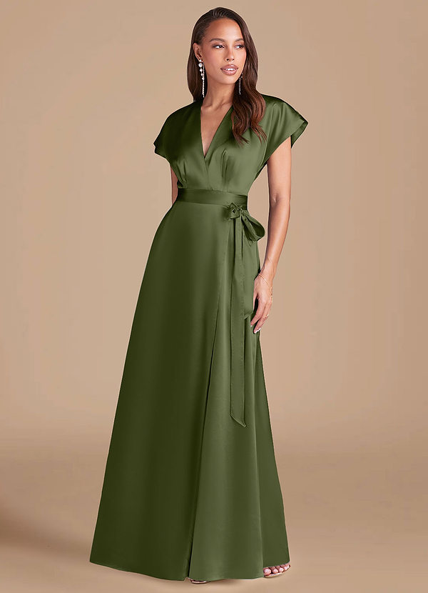 Azazie Nico Bridesmaid Dresses Olive A-Line Pleated Metallic Satin Dress image1