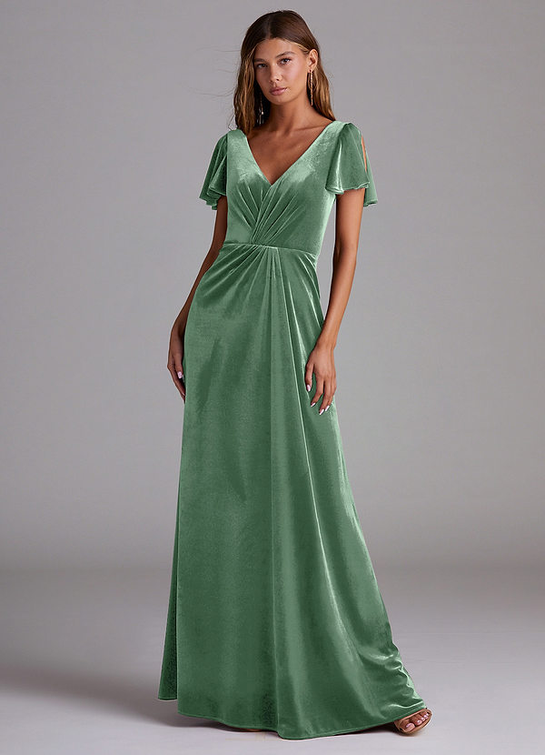 Azazie Soren Robes Demoiselle d'honneur Robe Trapèze en velours Eucalyptus image1