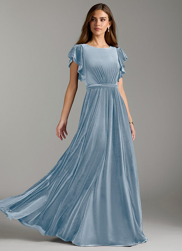 Azazie Daphne Modest Bridesmaid Dresses A-Line Velvet Floor-Length Dress with Belt image1