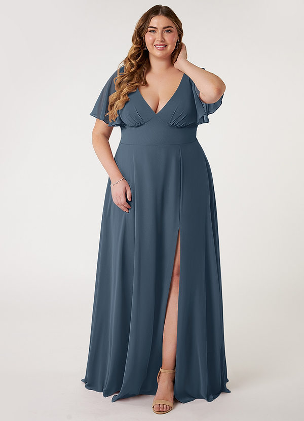 Azazie Kimber Robes Demoiselle d'honneur Robe Trapèze en Mousseline de soie Manches à volants Neptune image1