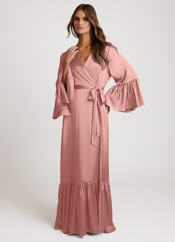 front Rosettenrosa Langer Brautmorgenmantel mit Rüschen