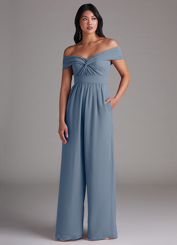 Azazie Lamara Robes Demoiselle d'honneur Combinaison Convertible en Mousseline de soie Épaule décolletée Violet Crépusculaire image1