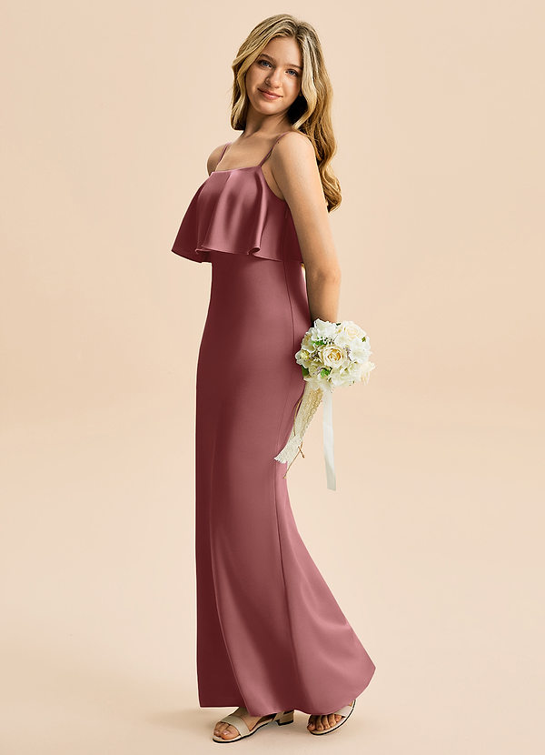 Azazie Galene Junior Mrenneito Joustava satiini Lattian pituus Nuorempi morsiusneito Pukeutua image1