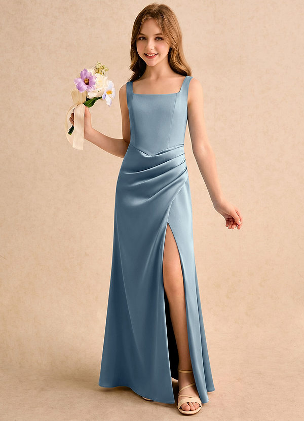 Azazie Noah Girls Formal Bloemenmeisjesjurken Kolom Jurk van Stretch Satijn Geplooide Stoffig Blauw image1