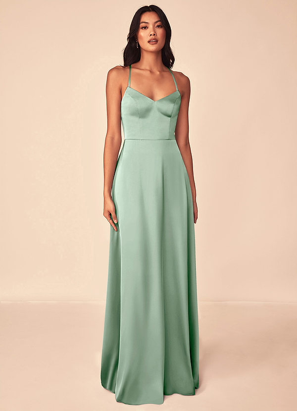 Azazie Mei Bridesmaid Dresses Agave A-Line V-Neck Stretch Satin Dress image1