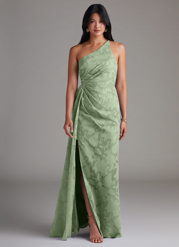 Azazie Mika Bridesmaid Dresses Dusty Sage Sheath One Shoulder Floral Burnout Dress image1
