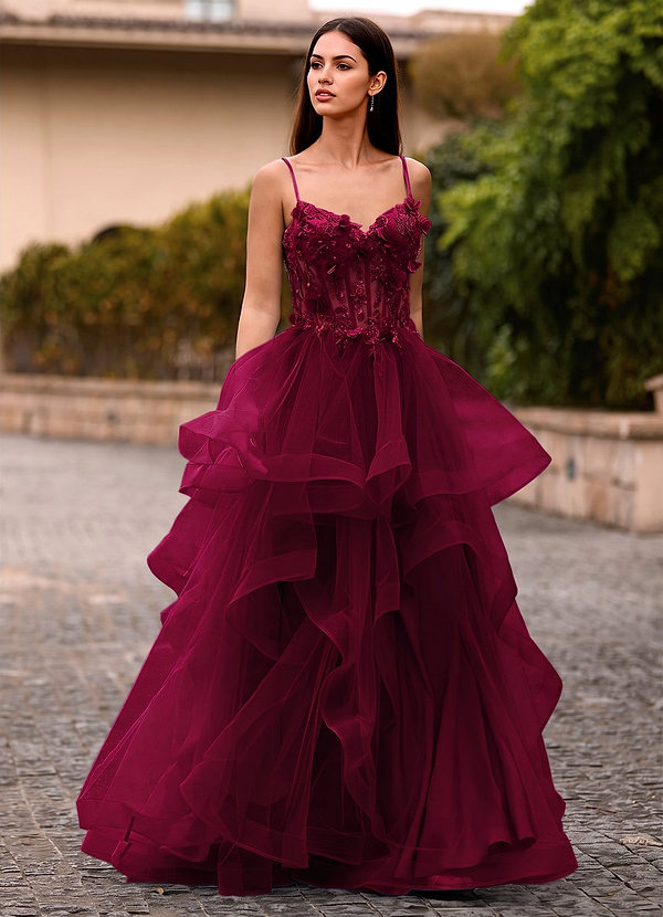 Dreama Burgundy Lace Corset Ruffle Prom Dress image1