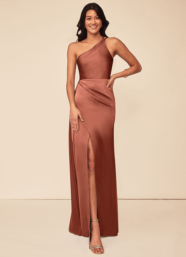 Azazie Maron Bridesmaid Dresses Clay A-Line One Shoulder Stretch Satin Dress image1