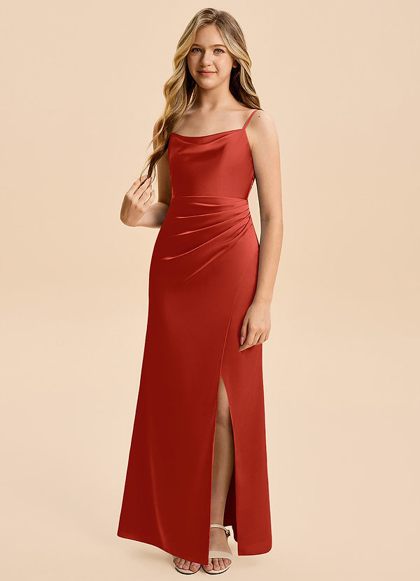 Azazie Christen Junior Rust A-Line Pleated Stretch Satin Dress image1