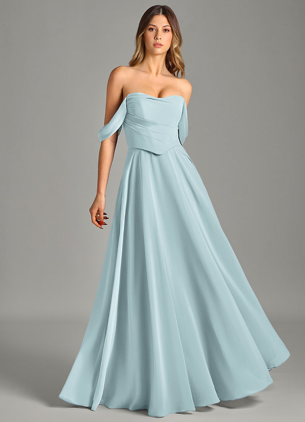 Azazie Chelsey 신부 들러리 드레스 A라인 오프 더 숄더 쉬폰 바닥 길이 드레스 image1