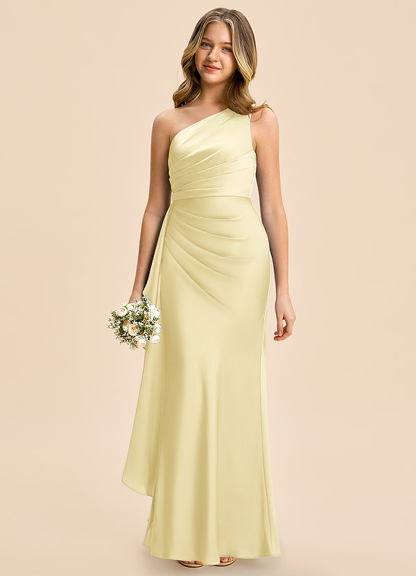 Azazie Holly Junior Lemon Sorbet Sheath Pleated Stretch Satin Dress image1