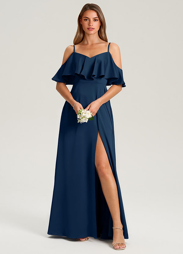 Azazie Jean Bridesmaid Dresses Dark Navy A-Line Off the Shoulder Stretch Satin Dress image1