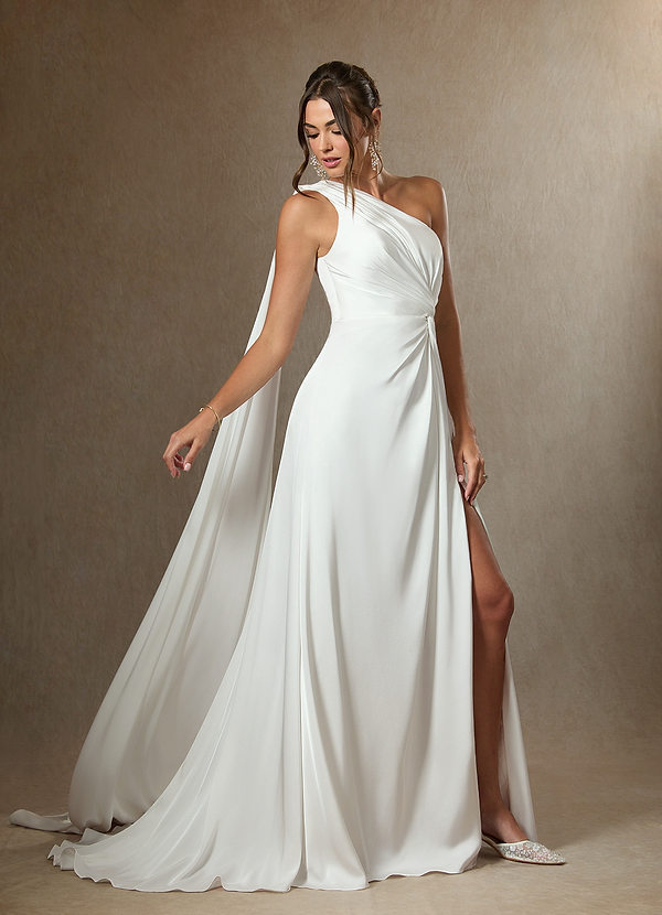 Azazie Tulisa Wedding Dresses Diamond White A-Line One Shoulder Stretch Satin Dress image1