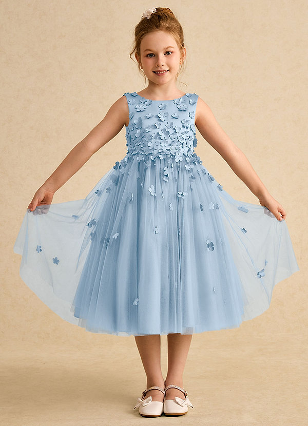 Azazie Lana Blumenkinder Kleider A-Linie ärmellos Matte Satin Kleid Puderblau image1