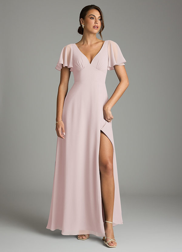Azazie Kimber Bridesmaid Dresses Blushing Pink A-Line Flounce Sleeve Chiffon Dress image1