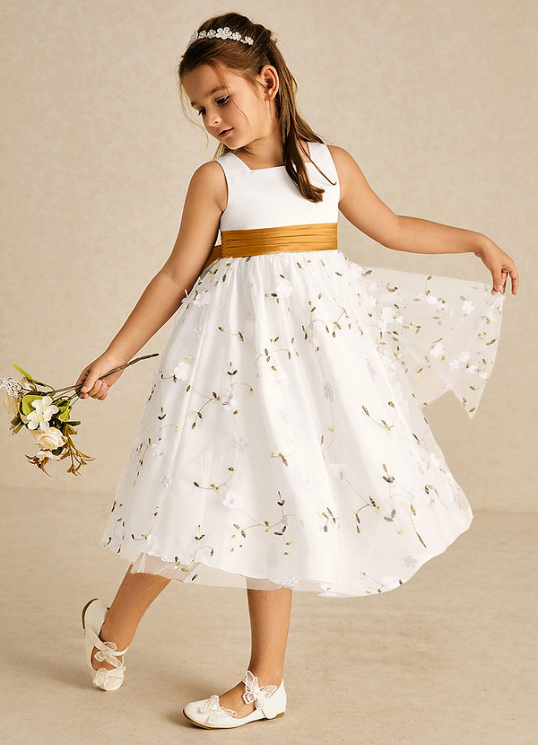 Azazie Pollie Flower Girl Dresses Ivory Butterscotch A-Line Bow Tulle Dress image1