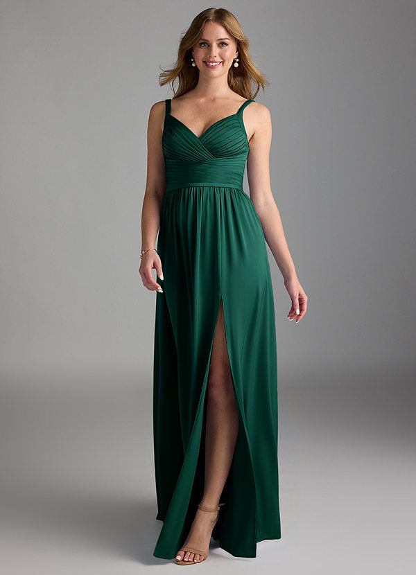 Azazie Chanel Bridesmaid Dresses Emerald A-Line Pleated Stretch Satin Dress image1