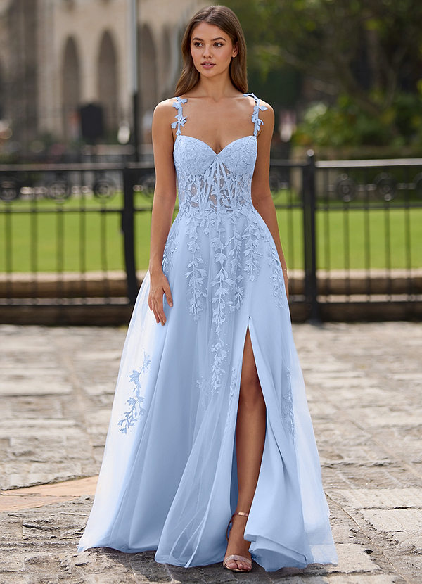 Dreamscape Sky Blue A-line V Neck Sweep Train Tulle Prom Dress with Appliqued Beading image1