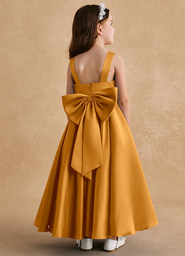 Azazie Honey Bear Flower Girl Dresses Butterscotch A-Line Pleated Matte Satin Dress image1