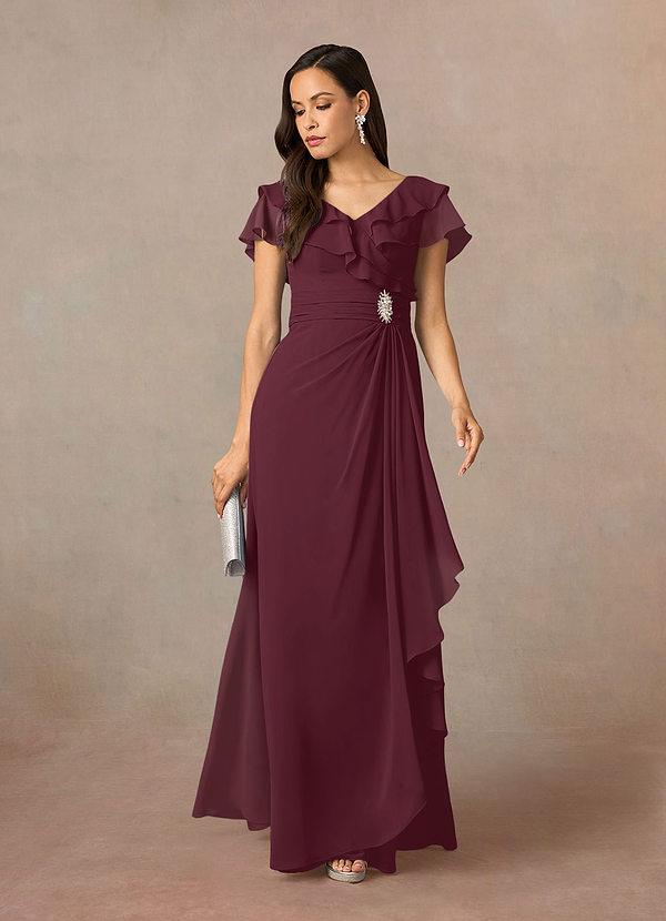 Azazie Snapdragon Mother of the Bride Dresses Cabernet A-Line V-Neck Ruched Chiffon Dress image1