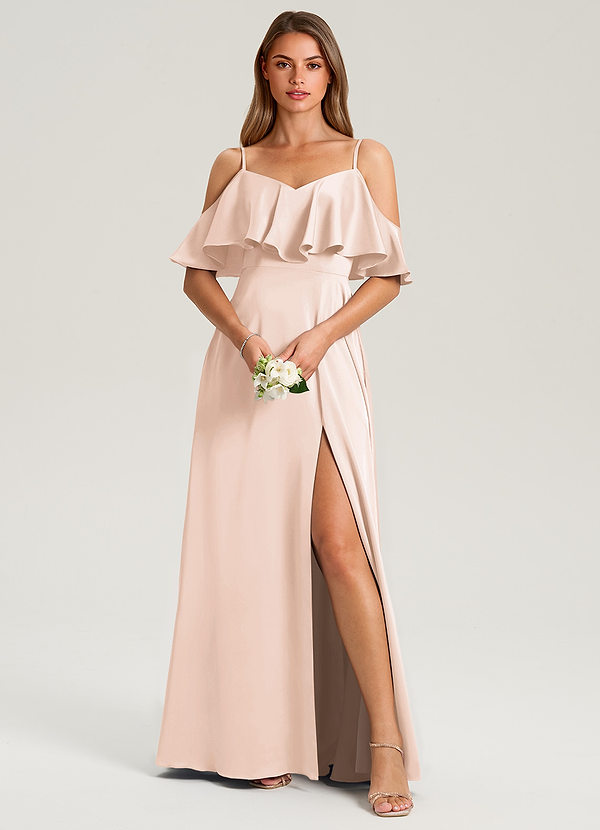 Azazie Jean Bridesmaid Dresses Blushing Pink A-Line Off the Shoulder Stretch Satin Dress image1