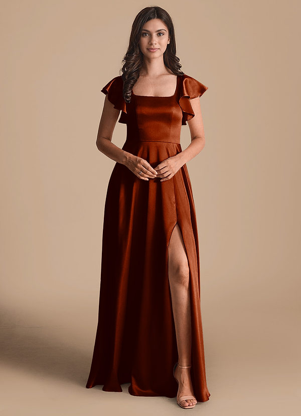 Azazie Bondi Bridesmaid Dresses Auburn A-Line Bow Metallic Satin Dress image1