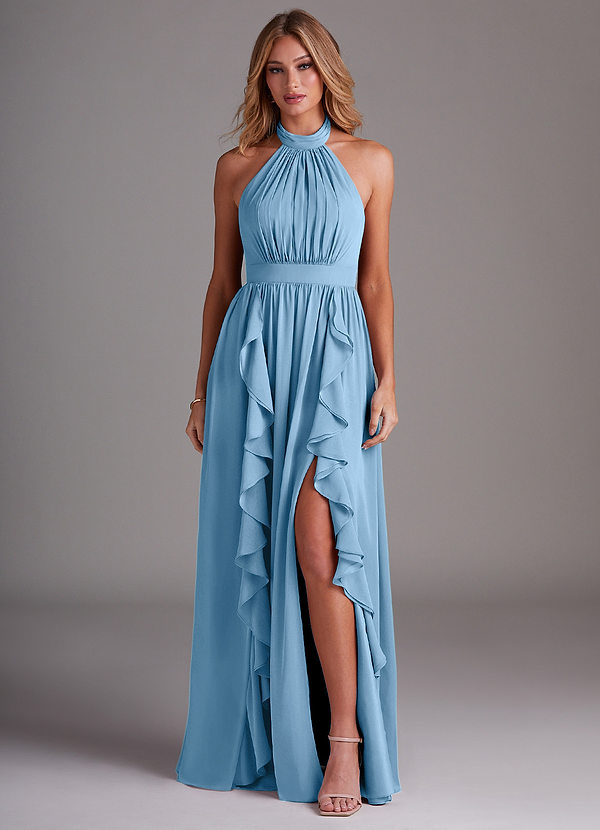 Azazie Avary Bridesmaid Dresses Steel Blue A-Line Pleated Chiffon Dress image1