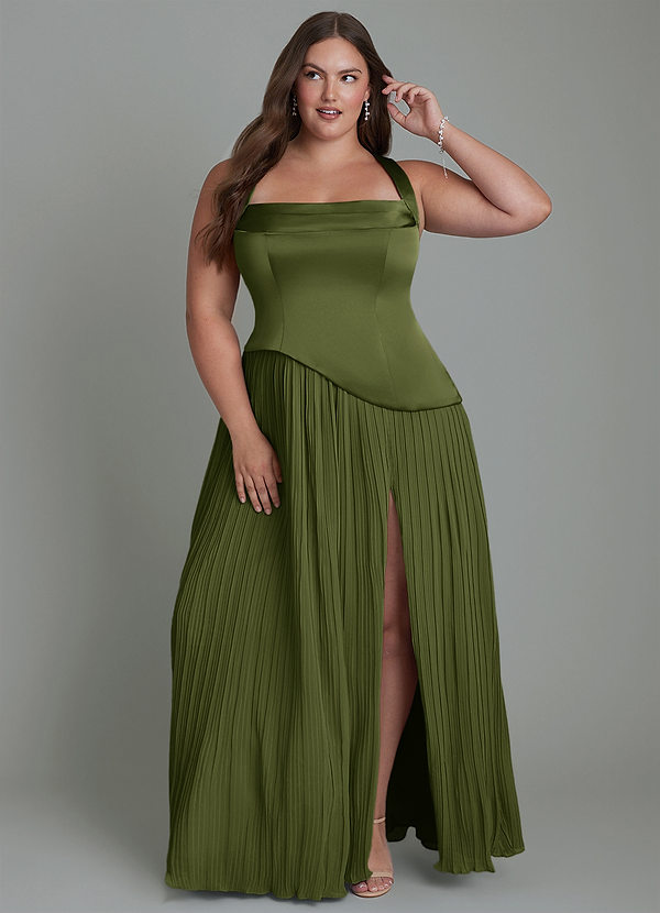 Azazie Stephanie Bridesmaid Dresses Olive A-Line Pleated Stretch Satin Dress image1